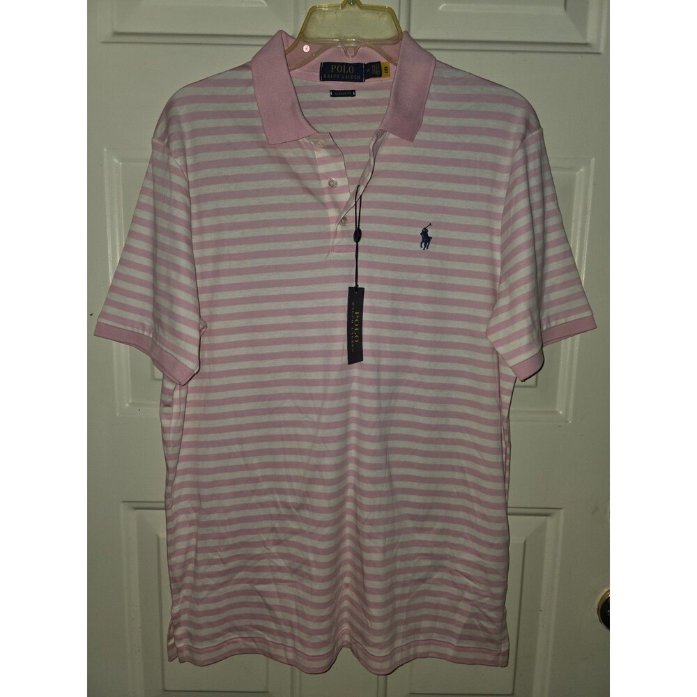 Polo Ralph Lauren Mens Medium Pink Striped Classic Fit Short Sleeve Polo Shirt